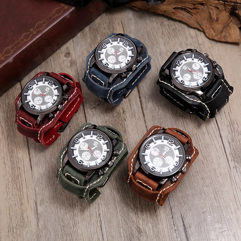 Men's Vintage Punk Wide Leather Strap Quartz Watch Retro Industrial Cuff Wristwatch With Decorative Three Eye Dial Jewelry
