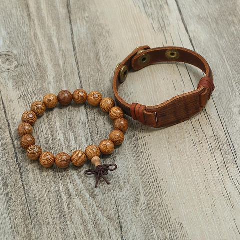 Herren Vintage Leder Holzperlen Armband Set Retro Rindsleder Handgewebt Punk Armreif Accessoire Für Männer Mode Schmuck