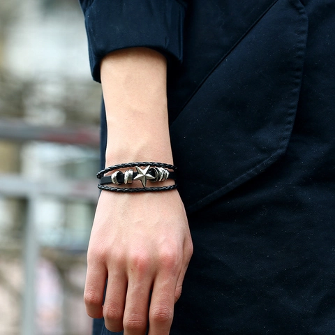 Men's Multi-Layer Braided Leather Bracelet With Alloy Star Charm Retro Punk Adjustable Cowhide Wristband Jewelry