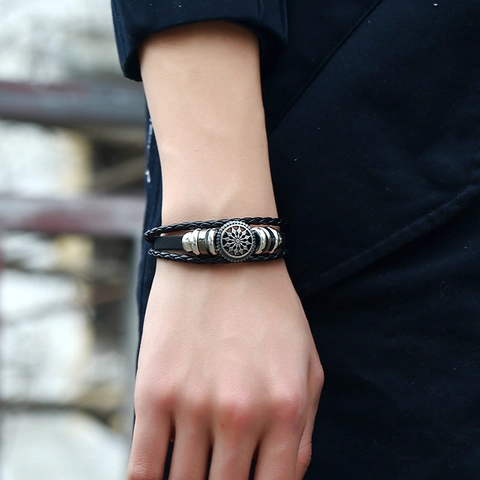 Retro Men Multi-layer Leather Bracelet Sunflower Alloy Charm Braided Rope Adjustable Bracelet Vintage Punk Jewelry Gift
