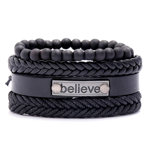Men Retro Multi-layer Bracelet Set Punk Woven Leather Cowhide Braided Wood Beads Alloy Believe Letter Plate Adjustable Jewelry