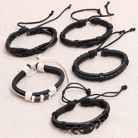 Set di Braccialetti in Pelle Intrecciata Multistrato da Uomo Punk Mano di Fatima Charm Geometrico Bracciale Regolabile per Gioielli Uomo