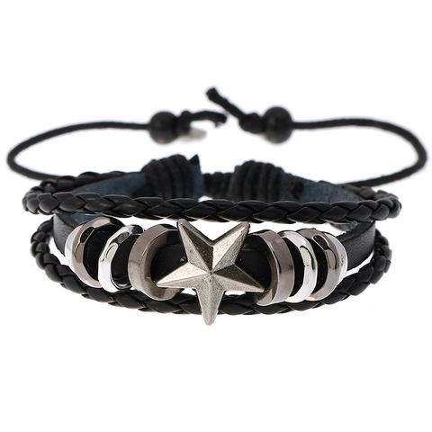 Men's Multi-Layer Braided Leather Bracelet With Alloy Star Charm Retro Punk Adjustable Cowhide Wristband Jewelry