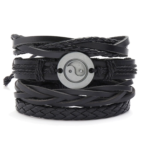 Conjunto de Pulseras de Cuero Multicapa Retro Punk para Hombres Mujeres Pulsera de Cuero de Vaca Tejida a Mano Dije de Yin Yang Tai Chi Joyería Ajustable