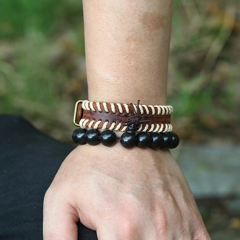 Vintage Punk Cowhide Leather Wood Bead Bracelet Combination Distressed Iron Buckle Braided Wristband Jewelry For Men Daily Wear