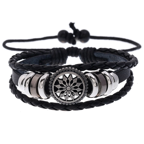 Retro Men Multi-layer Leather Bracelet Sunflower Alloy Charm Braided Rope Adjustable Bracelet Vintage Punk Jewelry Gift