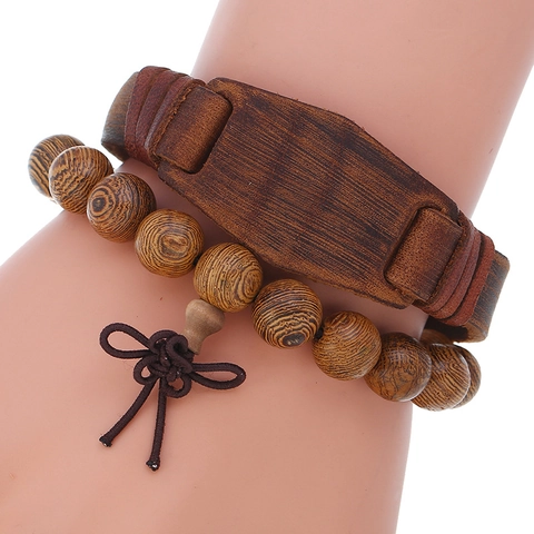 Herren Vintage Leder Holzperlen Armband Set Retro Rindsleder Handgewebt Punk Armreif Accessoire Für Männer Mode Schmuck