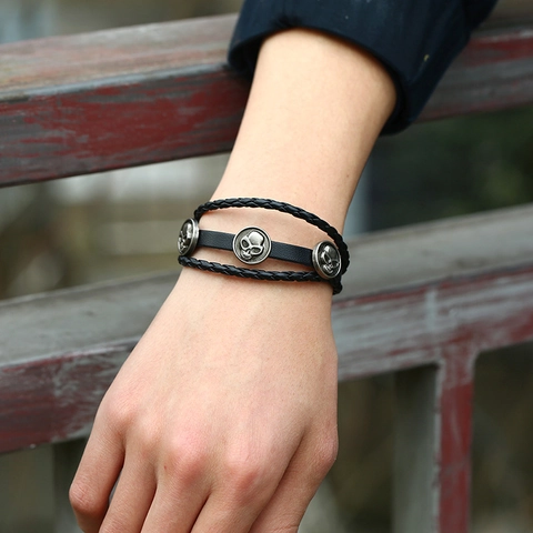 Punk Schedel Heren Leren Armband Vintage Multi Layer Gevlochten Kralen Polsband Verstelbaar Koord Sieraden Voor Mannen Vrouwen Feest