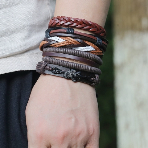 Vintage Multilayer Braided Cowhide Leather Bracelet Set For Men Women Punk Retro Hemp Rope Wax Cord Alloy Hip Hop Jewelry