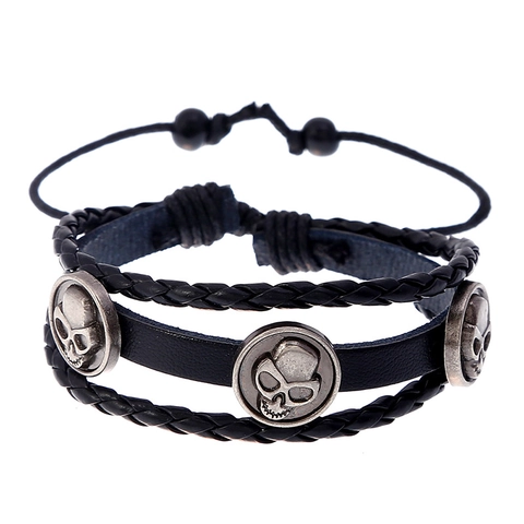 Punk Schedel Heren Leren Armband Vintage Multi Layer Gevlochten Kralen Polsband Verstelbaar Koord Sieraden Voor Mannen Vrouwen Feest