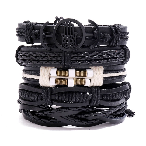 Set di Braccialetti in Pelle Intrecciata Multistrato da Uomo Punk Mano di Fatima Charm Geometrico Bracciale Regolabile per Gioielli Uomo