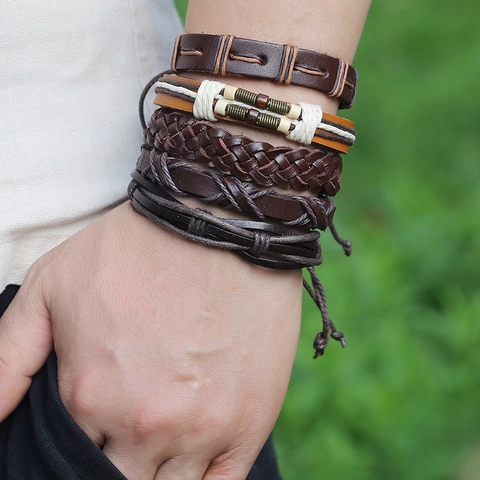 Men's Vintage Woven Cowhide Leather Bracelet Multi-layer Punk Style Hemp Rope Alloy Accent Adjustable Hip-hop Wristband Jewelry
