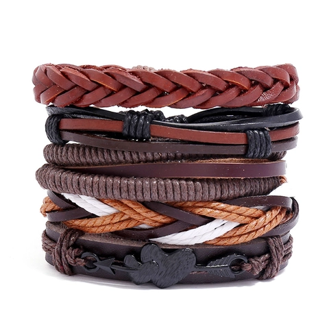 Vintage Multilayer Braided Cowhide Leather Bracelet Set For Men Women Punk Retro Hemp Rope Wax Cord Alloy Hip Hop Jewelry