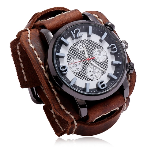 Men's Vintage Punk Wide Leather Strap Quartz Watch Retro Industrial Cuff Wristwatch With Decorative Three Eye Dial Jewelry