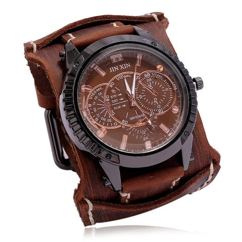Orologio al Quarzo da Uomo in Pelle di Vacchetta Larga Stile Vintage Punk Cassa in Lega Workwear Robusto Orologio Decorativo