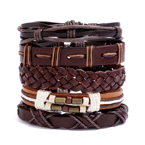 Men's Vintage Woven Cowhide Leather Bracelet Multi-layer Punk Style Hemp Rope Alloy Accent Adjustable Hip-hop Wristband Jewelry