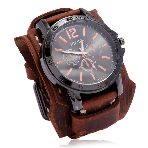 Orologio Uomo Vintage con Polsino in Pelle Cucito a Mano Doppio Strato Cinturino in Pelle Bovina Lega Quarzo Punk Stile Industriale