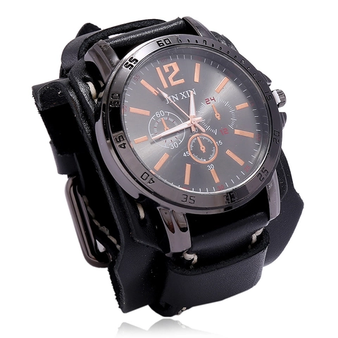 Montre Manchette en Cuir Vintage pour Hommes Large Bracelet en Cuir de Vachette Punk Avec Couture à la Main Style Rétro Bijoux