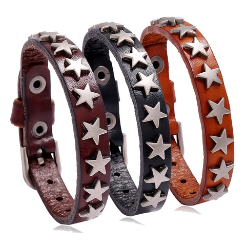 Bracciale in Pelle di Vacchetta Punk Rétro Con Borchie in Metallo a Stella Cinturino Unisex Regolabile per Uomo Donna Gioielli Stile Hip Hop