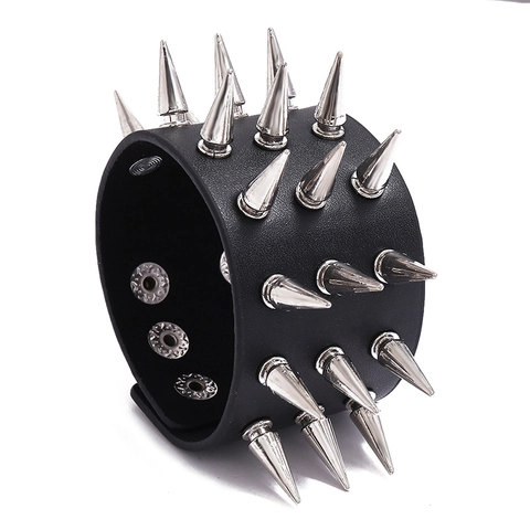 Bracciale Largo Punk in Ecopelle con Punte File Multiple Borchie a Cono Argento Polsino Rock Gioielli Biker Regolabili Uomo Donna