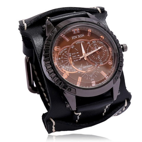 Orologio al Quarzo da Uomo Vintage Punk con Cinturino Largo in Vera Pelle con Fibbia in Lega Stile Retrò Impermeabile Cronografo da Polso