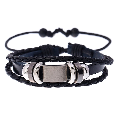 Bracciale Multistrato da Uomo in Pelle Nera Intrecciata Stile Punk Charm Geometrico in Metallo Cordino Regolabile Gioielli
