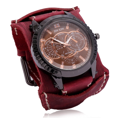 Orologio al Quarzo da Uomo Vintage Punk con Cinturino Largo in Vera Pelle con Fibbia in Lega Stile Retrò Impermeabile Cronografo da Polso