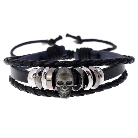 Bracciale da Uomo Vintage Punk Multistrato in Pelle Nera Teschio Intrecciato a Mano Regolabile Regalo Gioielli