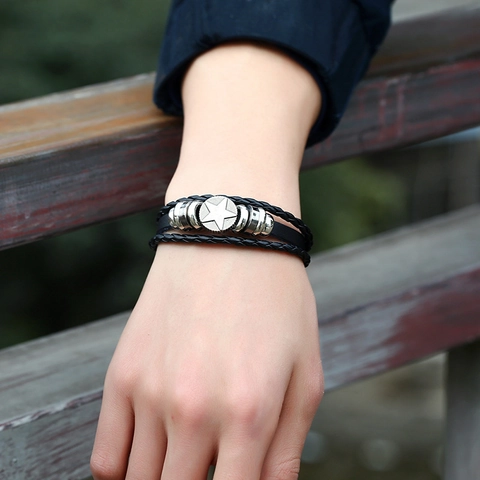 Pulsera Multicapa de Cuero de Vaca Vintage Para Hombres Mujeres Aleación Estrella Pentagrama Cuentas Trenzada Punk Ajustable Joyería