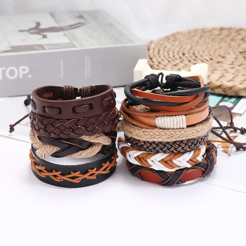 Vintage Braided Cowhide Leather Bracelet For Men Women Bohemian Multilayer Wax Cord Hemp Rope Wrap Bracelet Adjustable Jewelry