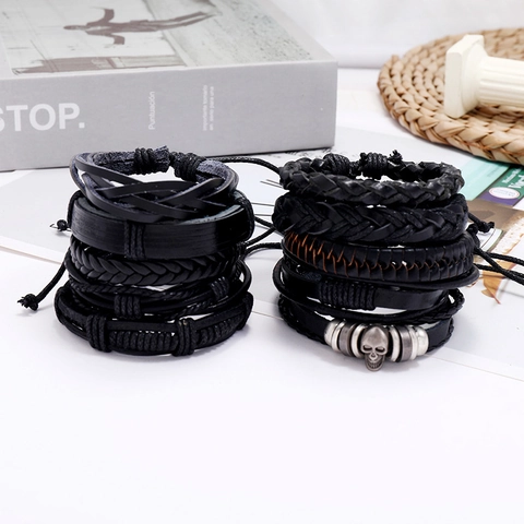 Retro Geflochtenes Lederarmband Set Für Herren Damen Punk Mehrlagiges Rindsleder Wachsseil Hanf Armband Verstellbarer Legierung Totenkopf Wickelarmband Schmuck