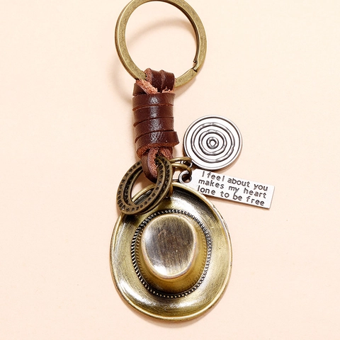 Portachiavi Vintage Cappello Da Cowboy In Cuoio E Lega Di Bronzo Con Targa Incisa E Intreccio A Mano Portachiavi Auto Per Uomo Donna