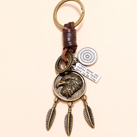 Portachiavi in Pelle di Vacca con Ciondolo Aquila Retro Intrecciato a Mano Bronzo Antico Piuma Anello per Auto Moto Uomo Accessori Vintage