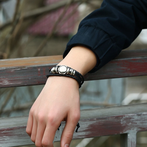 Vintage Punk Cowhide Leather Handwoven Bracelet For Women Men Multilayer Alloy Geometric Charm Adjustable Braid Jewelry