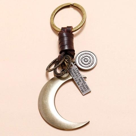 Vintage Rindsleder Schlüsselanhänger Für Damen Herren Handgeflochten Bronze Sichelmond Anhänger Retro Schlüsselhalter Auto Zubehör