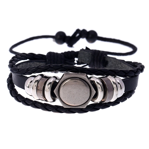 Vintage Punk Cowhide Leather Handwoven Bracelet For Women Men Multilayer Alloy Geometric Charm Adjustable Braid Jewelry
