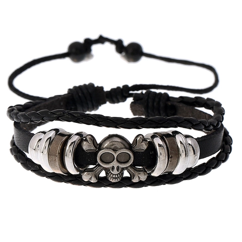 Bracciale Vintage Punk da Uomo in Pelle Intrecciata Multistrato con Teschio Regolabile con Perline Hip Hop Gotico Gioielli