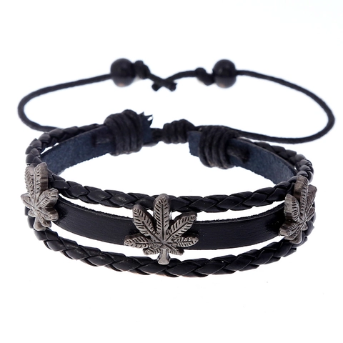 Vintage Men Multi-layer Cowhide Leather Bracelet Handmade Woven Beaded Alloy Leaf Pendant Adjustable Punk Streetwear Jewelry