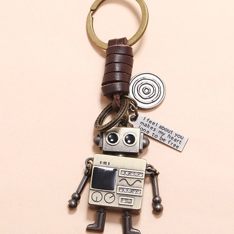 Vintage Industrial Robot Keychain Genuine Cowhide Leather Antique Bronze Alloy Rhinestone Bag Pendant For Men Women Jewelry