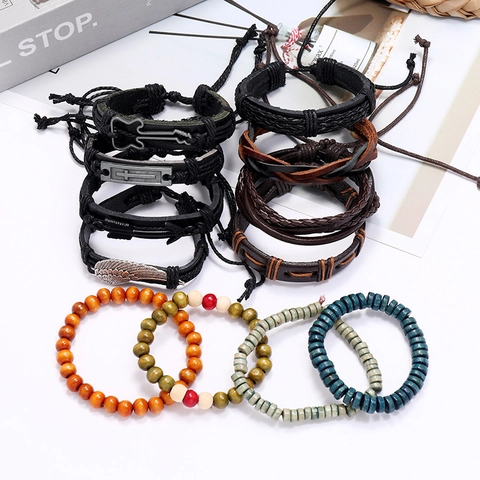 Vintage Lederarmband Gewebt Set Herren Damen Punk Rindsleder Holzperlen Legierung Anhänger Feder Kreuz Mehrlagiger Schmuck