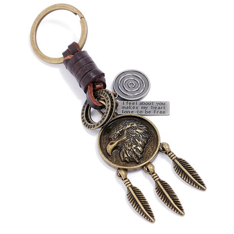 Portachiavi in Pelle di Vacca con Ciondolo Aquila Retro Intrecciato a Mano Bronzo Antico Piuma Anello per Auto Moto Uomo Accessori Vintage
