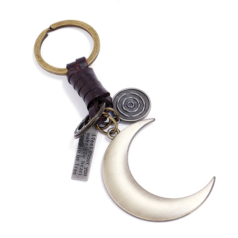 Vintage Rindsleder Schlüsselanhänger Für Damen Herren Handgeflochten Bronze Sichelmond Anhänger Retro Schlüsselhalter Auto Zubehör