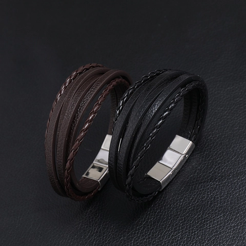 Pulsera Para Hombre Retro Multicapa Trenzada de Cuero Artificial Vintage Acero Inoxidable Cierre Magnético Punk Regalo