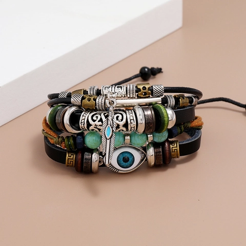 Vintage Ethnic Multilayer Leather Bracelet For Men Women Adjustable Evil Eye Feather Bead Punk Bracelet Jewelry Gift
