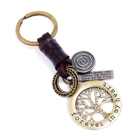 Vintage Handgefertigter Rindsleder Schlüsselanhänger Legierung Lebensbaum Anhänger Retro Bronze Gewebter Schlüsselanhänger Für Autoschlüssel Damen Herren Geschenk
