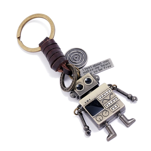 Vintage Industrial Robot Keychain Genuine Cowhide Leather Antique Bronze Alloy Rhinestone Bag Pendant For Men Women Jewelry