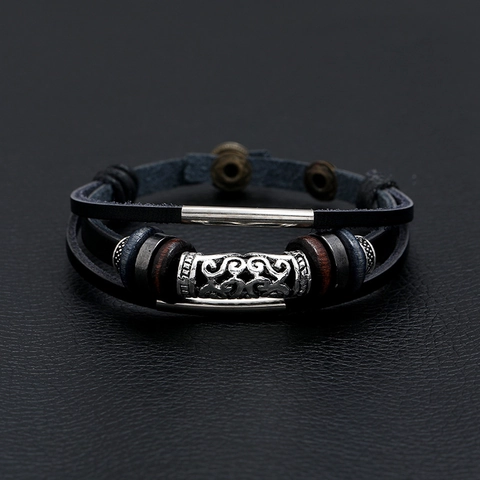 Bracelet en Cuir Tressé Multi-rangs pour Hommes Style Punk Rétro Tube Gravé en Alliage Perles de Bois Bijoux