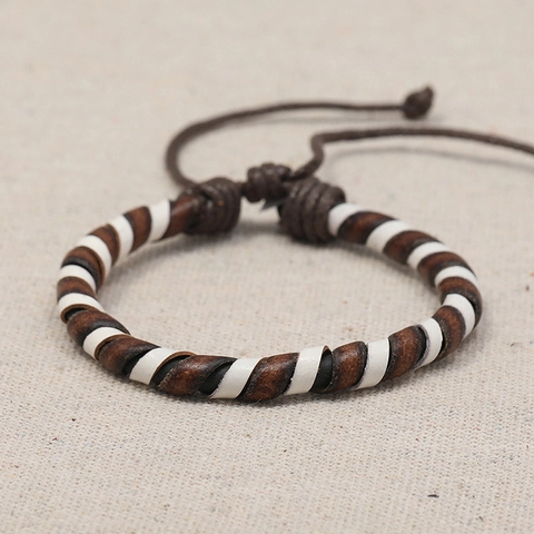 Bracciale in Pelle di Vacchetta Intrecciato a Mano per Donna Uomo Cordino in Cera Regolabile Etnico Vintage Boho Spirale