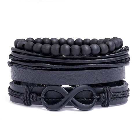 Vintage Multi-layer Woven Cowhide Leather Bracelet Infinity Symbol Alloy Charm Adjustable Punk Style Wristband Jewelry