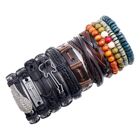 Vintage Lederarmband Gewebt Set Herren Damen Punk Rindsleder Holzperlen Legierung Anhänger Feder Kreuz Mehrlagiger Schmuck